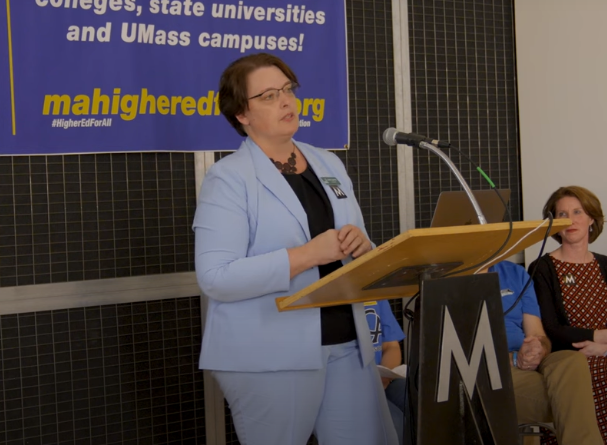 Greenfield Community College President Michelle Schutt speaks at a 2023 event hosted by the statewide coalition Higher Ed For All. (Screenshot: Massachusetts Teachers Association video)